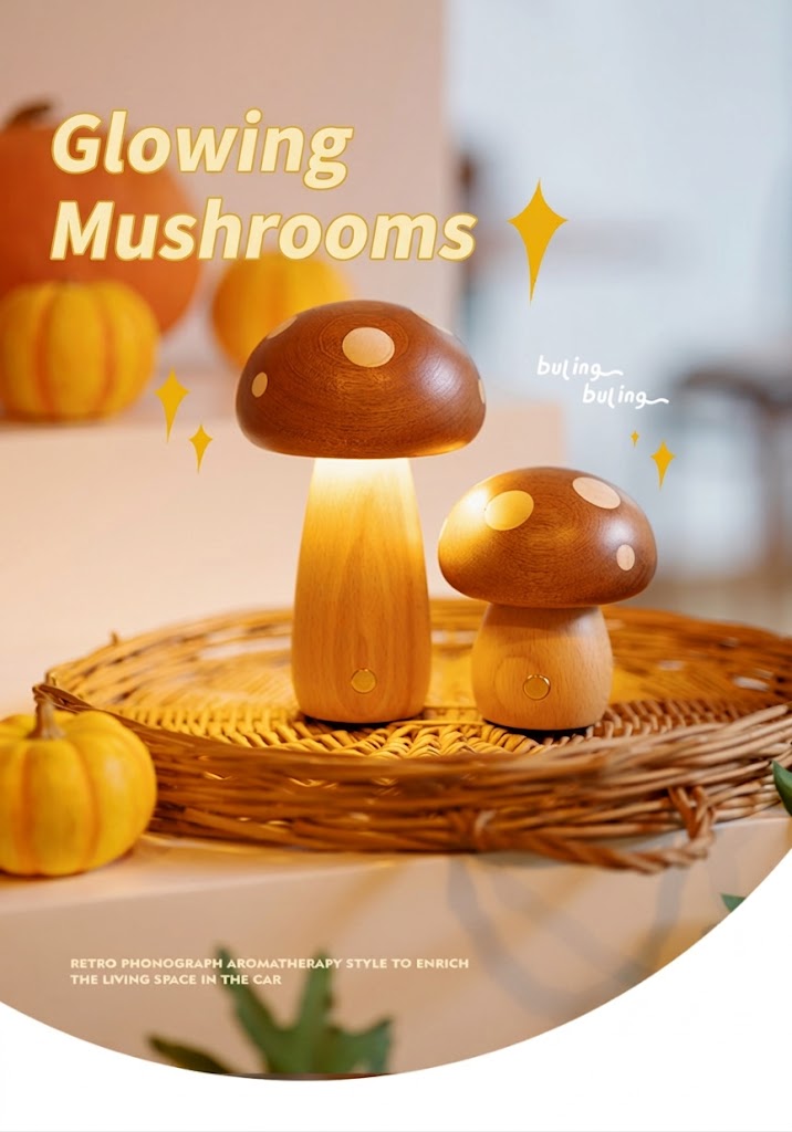 Solid Wood Mushroom Night Light for Nursery & Kids Room