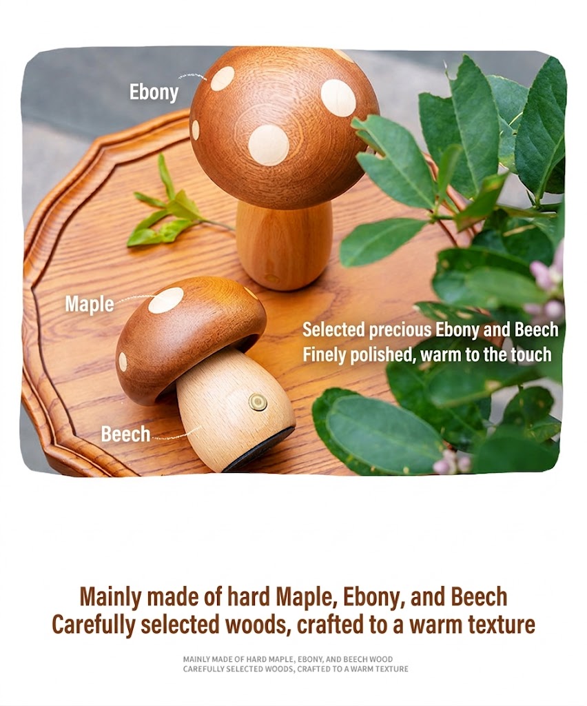 Solid Wood Mushroom Night Light for Nursery & Kids Room